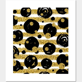 Glitter Chic Pattern 06 | Black Polka Dots and Gold Lines Posters and Art